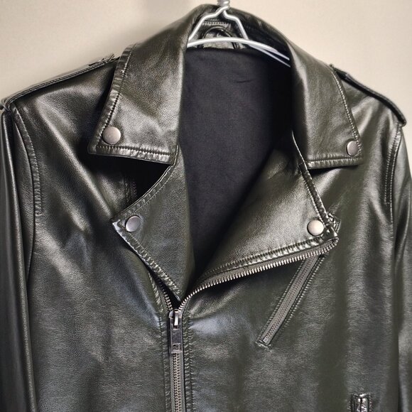 Feicui Faux Leather Biker Jacket Mens Size Medium Dark Green Moto Punk - Picture 5 of 16